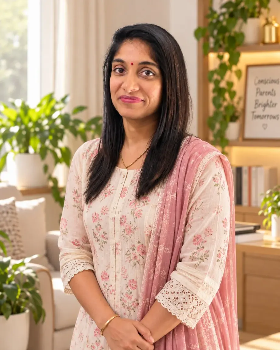 Zalak Khattri smiling at home, wearing a floral kurti with houseplants behind her